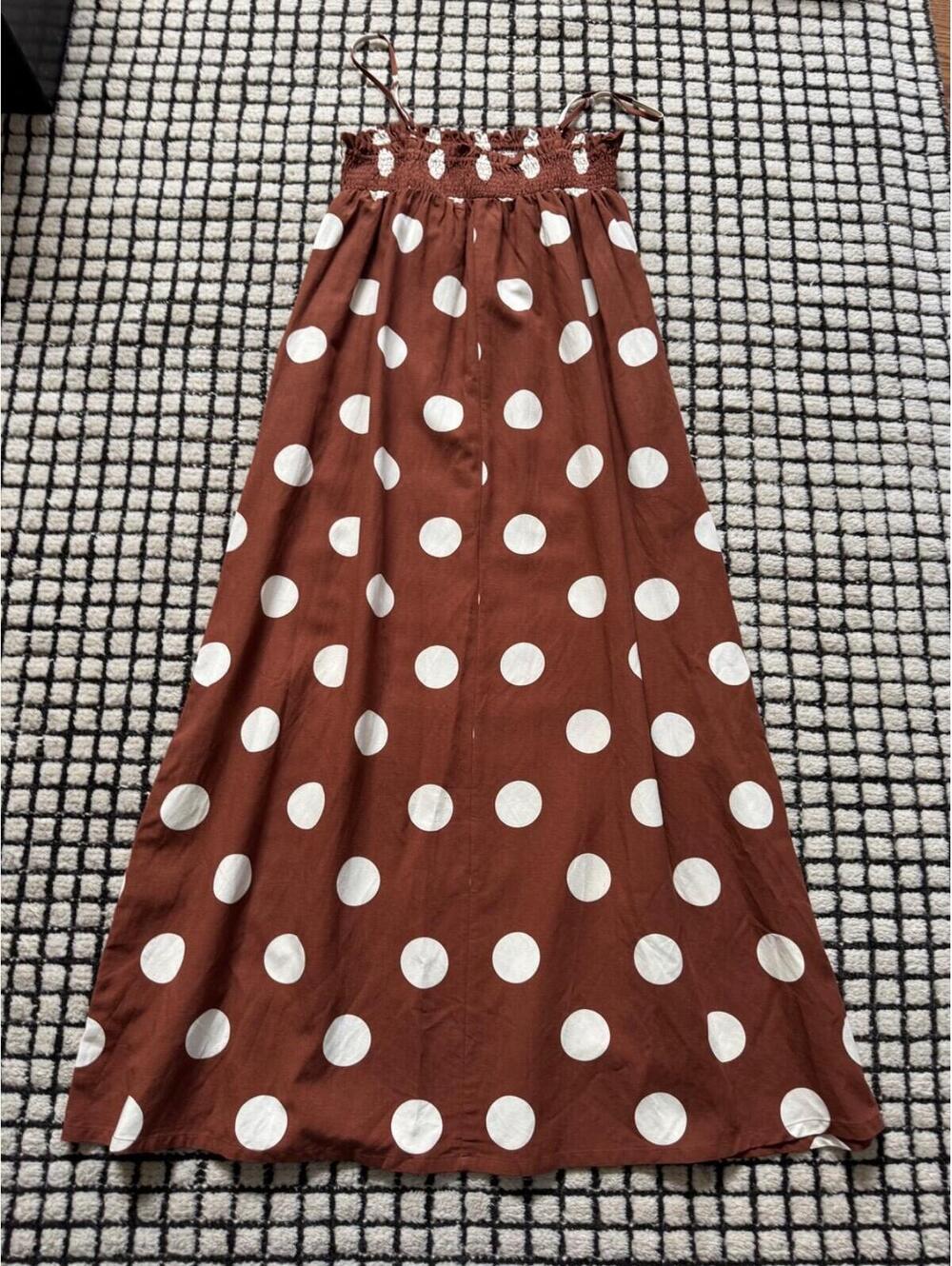 NEW Boutique Things Between Linen Blend Brown Polka Dot Maxi Dress Size Small